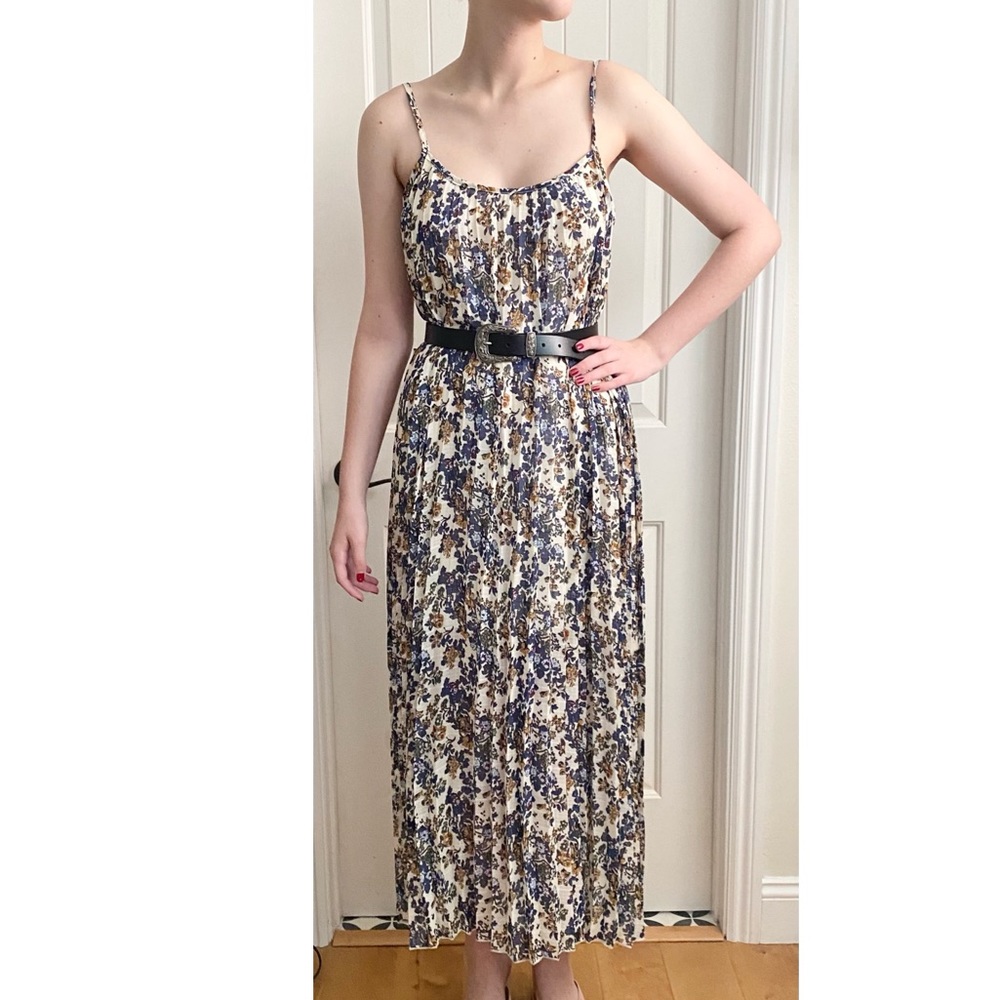 Bishop + Young Boho Cream Blue Floral Print Pleated Midi Maxi Dress Size Small